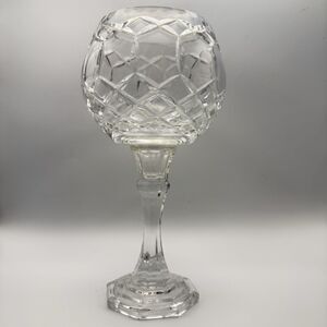 Vintage Polish 24% Lead Crystal Candle Holder Goblet Hand Cut Diamond Pattern 9"